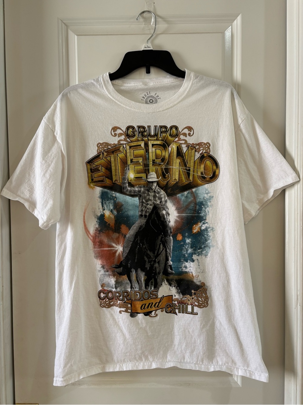 Unk White Grupo Eterno Graphic Tee with Gold Lettering